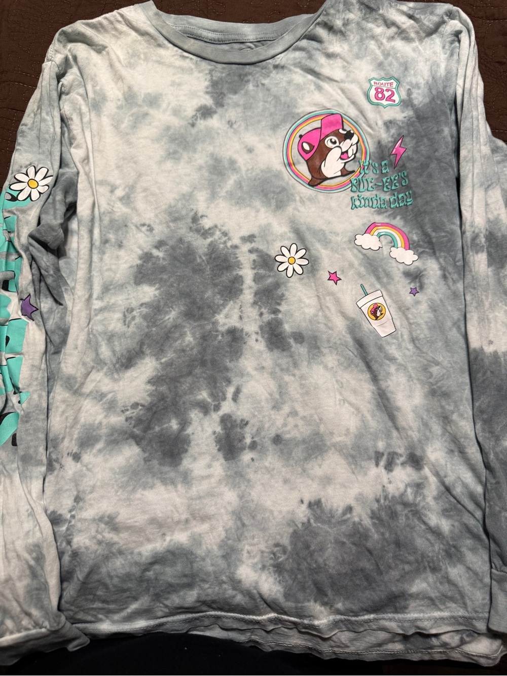 Gray Tie-Dye Long Sleeve Graphic Tee with Pastel Accents